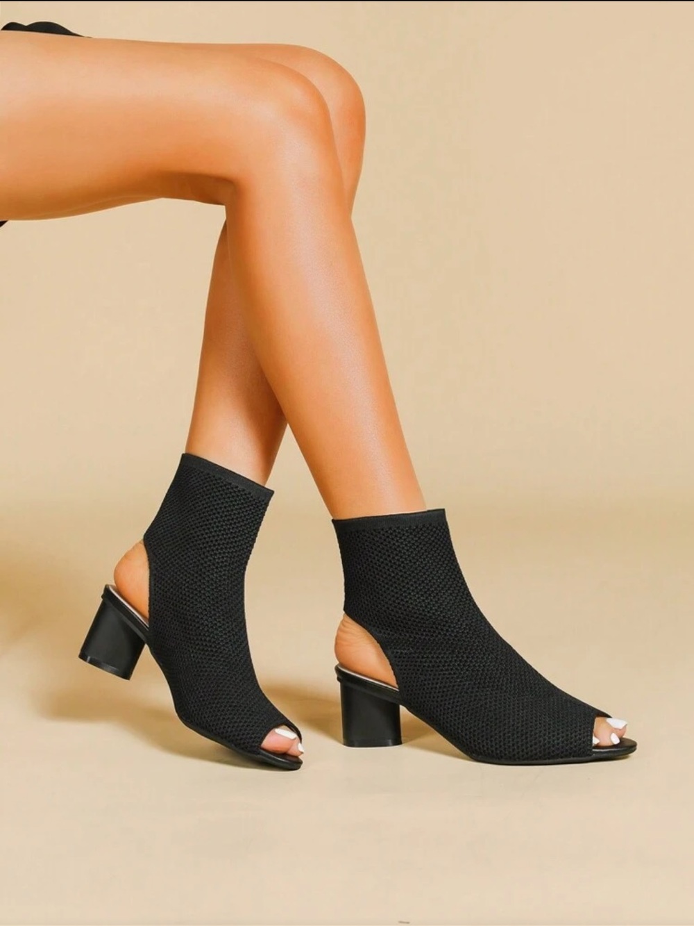 NEVER WORN: Black Peep-Toe Knit Ankle Booties - Women's